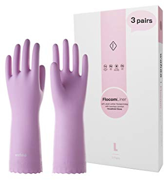 LANON 3 Paires wahoo Respectueux de la Peau Gants de Nettoyage, Gants de Vaisselle Avec Doublure en Coton Floqué, Réutilisables, Antidérapant, Mauve Mist, L