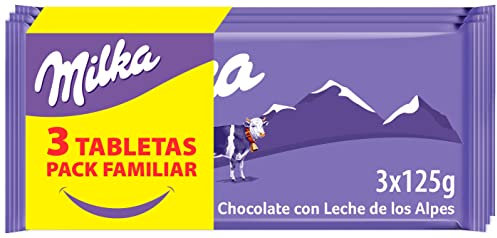 Milka Tableta de Chocolate con Leche de los Alpes, Pack Formato Familiar 3 Tabletas, 125 g