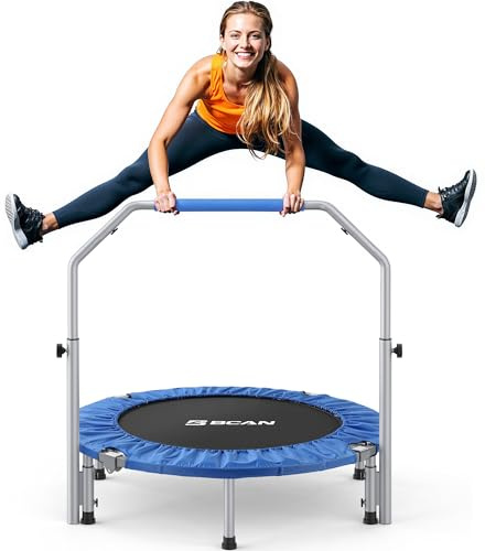 BCAN SP2 40 Foldable Mini Trampoline Max Load 330lbs, Fitness Rebounder with Adjustable Foam Handle, Exercise Trampoline for Adults Indoor/Garden Workout | FED Fitness, Blue