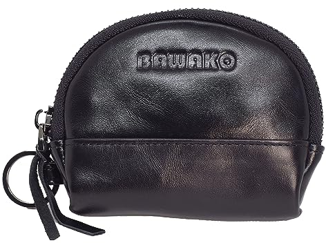 BAWAKO Münzen Geldbörse aus echtem Leder, Kleingeldbörse, geeignet für Münzen, Reißverschluss, mit Schlüsselanhänger (Schwarz)