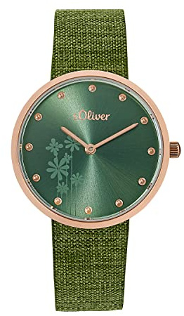 s.Oliver Armbanduhr Damen Quarzuhr Analog, mit Textil Armband, Grün, 5 bar Wasserdicht, Kommt in Uhren Geschenk Box, 2033561