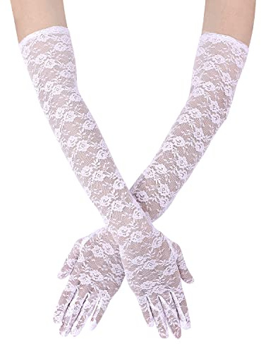 KINBOM Gants Longs en Dentelle pour Femme, Gants de Mariée pour Mariage Motif de Petit Fleurs Gants en Dentelle pour Thé Costumes des Années 1920 Mascarade, Une Paire, Longueur 54cm (Blanc)