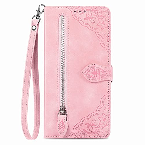 NEXCURIO Zip Wallet Case Compatible with Samsung Galaxy A22 5G Phone Case Wallet with Credit Card Holder Strap Stand Women Leather Flip Case Floral Folding Cover Shockproof - Pink