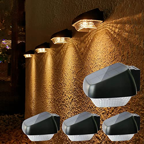 Lacasa Solar Wandleuchte Aussen Solarlampen für Außen Garten, 4 Stück Solarzaunleuchten Warmweiß 2700K mit ON/OFF Schalter LED Solarleuchten für Zaun Terrasse, Licht die Ganze Nacht, IP65 Wasserdicht