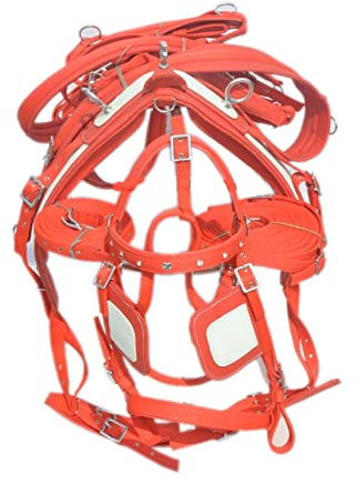 SHOWMEN CRAFT Nylon Horse Driving Harnesss For Single Horse In Red/White With Diamonte Browbnd Bridle (PONY)