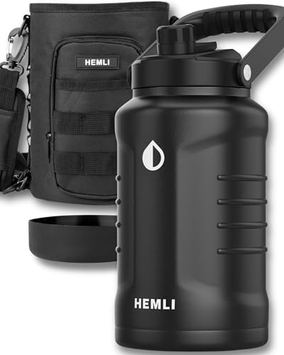 HEMLI One Gallon Insulated Stainless Steel Water Bottle, 128 oz Jug, Triple-Walled Vacuum-Sealed Beer Growler, with Carrying Case (New Black)