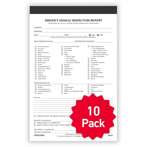 10 Pack Detailed Driver Vehicle Inspection Report Book – 35 Sets of Forms Per DVIR Inspection Book, 2 Ply Carbonless, 5.5 x 8.5, Pre Trip Inspection Book for Truckers, FMCSA Compliant, Easy Tear-Out