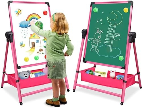 Kids Art Easel Double-Sided Whiteboard Chalkboard Iron Easels 26-43in(66-110cm) Height Adjustable Foldable Standing Easel 360° Rotating Painting Easels with Bonus Letters and Numbers Accessories
