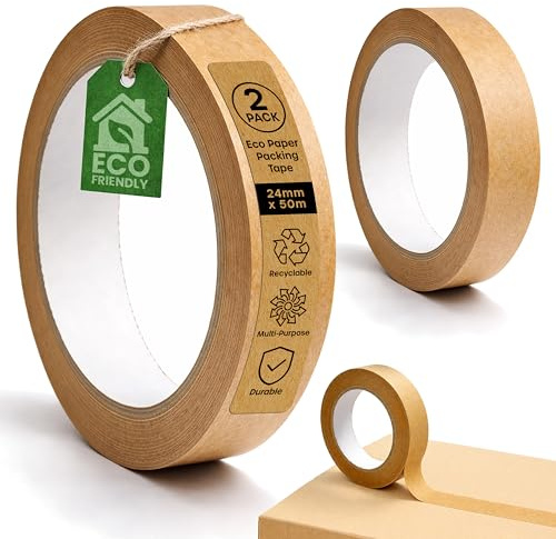Volia Lot de 2 rouleaux de ruban adhésif kraft marron très résistant pour déménagement, boîtes et encadrements – Recyclable avec adhésif puissant (24 mm x 50 m)