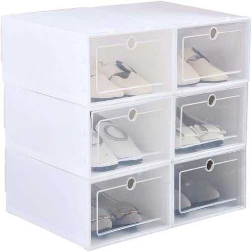 Holdfiturn 6 Pack Shoe Box, Plastic Shoe Storage Boxes, Stackable Shoes Boxes, Clear Display Kids Shoes Transparent Shoe Organiser Storage 31cm x 21cm x 12 cm, Small Storage Boxes White1