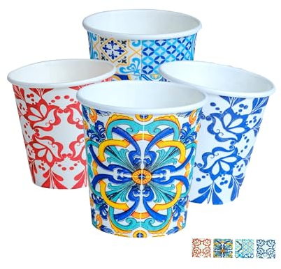 DETERMONDO Bicchieri in Carta 180 ml, 1000 Pezzi, Monouso Compostabili Decorati Stile Maiolica, Ecologici e Biodegradabili, Resistenti per Bevande Fredde e Calde, Ideali per Eventi, Feste, Catering