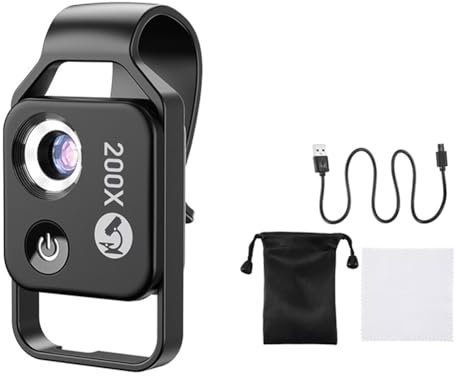 Breeshy Obiettivo per microscopio con ingrandimento 200x, luce LED mobile, obiettivo micro macro per iOS, Android e tutti gli smartphone, nero