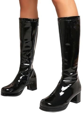 LDXEQIZ Stivali da Donna al Ginocchio con Tacco Largo Boots con Gambale Lungo E Punta Quadrata con Cerniera Laterale Stivali da Cavaliere in Pelle Verniciata PU Autunno Inverno Tacchi Alti(38 EU)