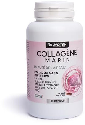 Collagène Marin - Beauté de la Peau - 90 Capsules | Glutathion, L-Lysine, Huiles de Pépins de Raisin et d’Onagre, Silice Colloïdale, Zinc | Nat&Form