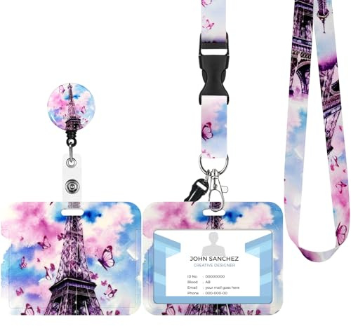 Porte Badge avec Cordon,Tour de Cou Badge avec Porte-Cartes,Equipé d'un crochet d'écrevisse rotatif extensible,Adapté pour Carte d'identité,Carte Bancaire (C-Pagode rose)