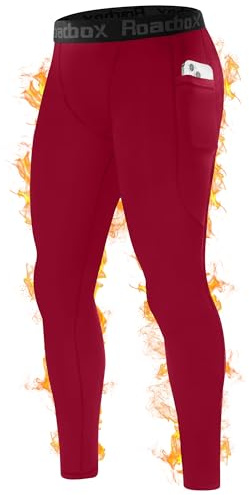Roadbox Thermal Compression Pants Men, Sports Workout Fleece Lined Leggings, Football Running Base Layer Tights with Pocket