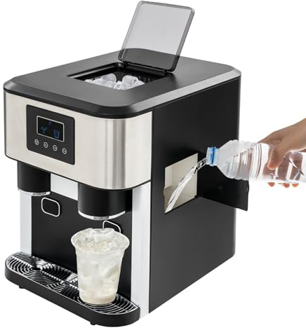 Máquina de hielo 3 en 1 con dispensador de agua y cubitos de hielo, triturador de hielo y pantalla LCD, producción rápida de hielo en 7-9 minutos, 16 bolas de hielo por ciclo, para casa, oficina, café