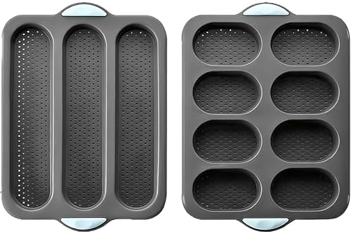 HONYUET 2 stycken silikonbakformar, bröd- och baguetteformar 35 x 24 x 3 cm grå perforerad non-stick med handtag, bakplåt för baguette, bröd och bröd