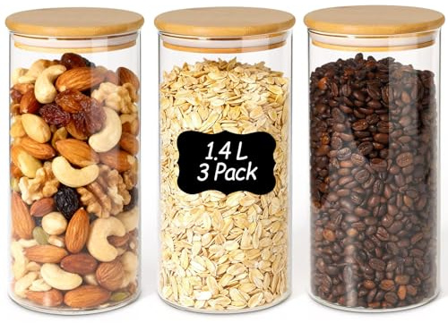 ComSaf förvaringsburkar i glas med bambulock, 1,4 L, 3-pack | kompakt rund form, torkade nudlar, röda bönor, godis, smidig förvaring, för skafferi och kök