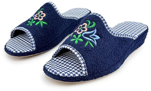 JOMIX Chaussons Éponge Ouverte Femme Maison Été Talon Compensé Semelle Liège Confortables avec Broderie pour Dame Souple Légères