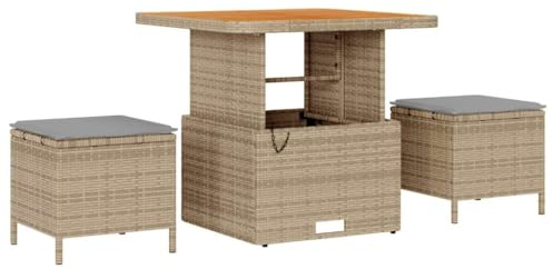 PUGYNBK Gruppo da pranzo in rattan beige con piano in legno di acacia, 4 sedie e cuscini imbottiti da giardino
