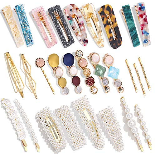 28 PCS Hingwah Pearls and Acrylic Resin Hair Clips, Handmade Hair Barrettes, Marble Alligator bobby pins, Glitter Crystal Geometric Hairpin, Elegant Gold Hair Accessories, Gifts for Women Girls