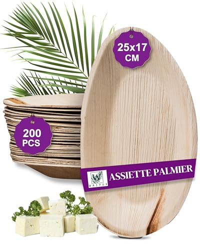 Waipur Piatti in Foglia di Palma Biologici - Set Ovalo 25 cm da 200 Pezzi - Stoviglie Monouso Biodegradabili di Alta Qualità - Eleganti e Resistenti - Simile al Bambu - Ideale per Feste