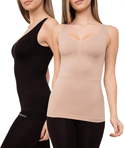 Pack de 2 Camisetas Interiores Reductoras con Tirantes Anchos sin Relleno Cómodas y Elásticas Seamless Sin Costuras (Beige Negro, XL/XXL)