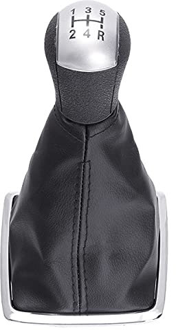 Cuffia Leva Cambio Manuale + Pomello + Ghiera Telaio Cromato Compatibile con Focus Fiesta MK6 Mondeo MK3 C-Max S-Max Galaxy Transit Cuciture Nere 5 Marce Set Completo Ricambio Auto Argento