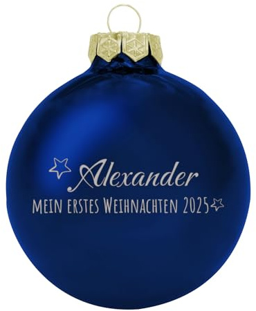 Deitert Weihnachtskugel mit Wunschtext Gravur, Ø 8cm, personalisierte Christbaumkugel aus Glas (glänzend), Individueller Weihnachtsbaumschmuck Namen oder Spruch, Mein erstes Weihnachten, Blau