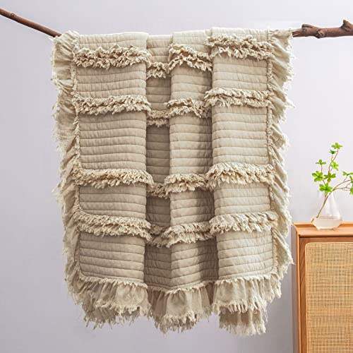 Ultra Soft Pre-Washed Quilted Boho Throw Blanket, Ruffle Fringed Beige Decorative Throw, Stone Washed Chic Rustic Blanket for Sofa Couch Bed Chair, 50x 60