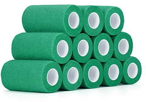 12 Rotoli Fasciature Benda Elastica Bendaggio 10cm x 4,5m Autoadesivo Benda Coesiva Adesiva Nastro Bendaggio Sportivo Non Tessuto per Mani, Piedi, Ginocchia, Braccia (Ciano)