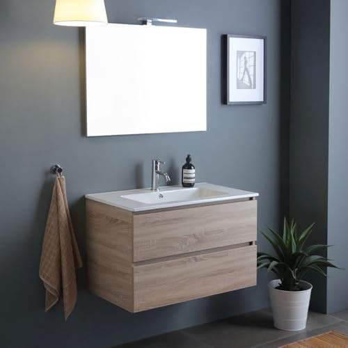 Kiamami Valentina - Mobile bagno sospeso con cassetti in legno rovere well 80 cm | Berlin