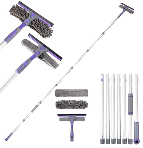 Ecobam Window Squeegee Cleaning Equipment Kit, Long Handle Extendable Telescopic Glass Cleaner Brush with 7 Extension Pole - 105 inch, Bendable Head Scraper & Scrubber Tool