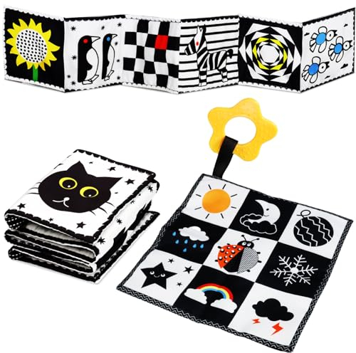 Jiosdo Baby Spielzeug 0-3 Monate, Schwarz Weiss Kontrast Spielzeug Baby Stoffbuch Knistertuch, Kontrastbuch Kinderwagen Geschenksets Babyspielzeug 0 3 6 12 Monate(2PCS)