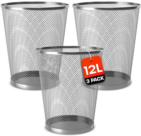 Waste Paper Bin - 12L Silver Colored Metal Office Bin for Office, Bedroom, Living Room or Kitchen Use - Round Waste Paper Bin with Stylish, Sturdy and Lightweight Design (3 Pack)