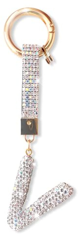 ZVRSUA Porte-clés Alphabet Diamant Argenté Femme, Mignon et Brillant,Clés de Voiture Accessoire de sac à dos, Cadeaux Personnalisés(V)