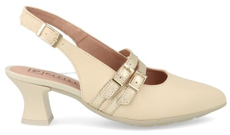 PITILLOS - Zapato clásico,salón Destalonado con Puntera Fina,tacón Ancho,Piel,con Suela de Goma,2 Hebillas, para: Mujer Color: Crema Talla:37