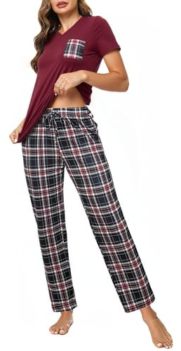 Crewhpo Womens Pyjamas Set Cotton Short Sleeve Sleepwear Soft Nightwear Loungewear Two Piece V Neck Top & Plaid Pj Bottoms Wine Red
