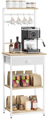 YMYNY Küchenregal, Bäckerregal, Kaffee Organizer, Kaffeebar, 5 Regalebenen, 8 Haken, Stoffschubladen, Stahlrahmen, 43 x 33 x 134.5 cm, für Küche, Wohnzimmer, Naturfarben HBR009R