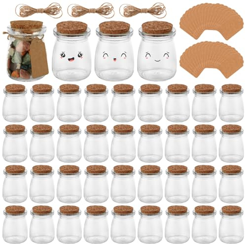 APACALI Paquete de 40 vasos pequeños con corcho, vasos de postre de 100 ml, tarros de yogur con tapas, tarros de yogur, tarros de conservación de vidrio, vidrio de tulipán para mermeladas, gelatinas