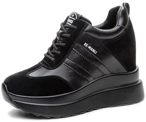 AONETIGER Högklackade kilskor för kvinnor kilar sneakers damer dolda kilklackskor 10 cm snörning plattform tjocka vardagsskor storlek 2,5-6 UK, Svart, 36 EU