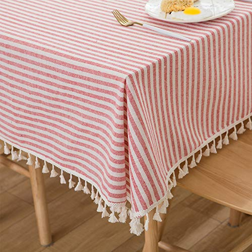 Plenmor Christmas Table Cloth Cotton Blend Christmas Tablecloth Stripe Tassel Rectangle Xmas Tablecloth Dust-Proof Table Cover for Kitchen Dinning Tabletop Decoration(140cm x 180cm, Red)