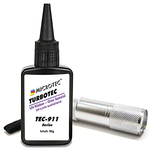 Microtec® Turbotec 911 Glas Spezial UV-Kleber | extra stark für Glas/Metall | 50g | mit UV-Taschenlampe | lichthärtender und transparenter Klebstoff | Qualitätsprodukt aus Deutschland