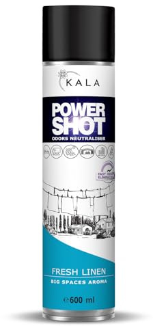 KALA - Geruchsneutralisierer für Räume POWER SHOT, Geruchsentferner für Große Flächen ca. 200 m3, Lufterfrischer mit Aktiver Neutralisator für alle Räume - Duft Fresh Linen, 600 ml