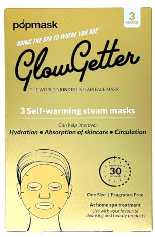 Popmask Glow Getter Steam Face Mask, Self-Warming Facial Mask for De-Puffing & Relaxation, Heats in 30 Seconds, Lasts 30 Minutes, 3 Face Masks