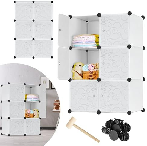 VA-Cerulean Sistema de estanterías de plástico, armario con puerta, armario para dormitorio, armario combinado para ropa, libros, juguetes (6 cubos, blanco)