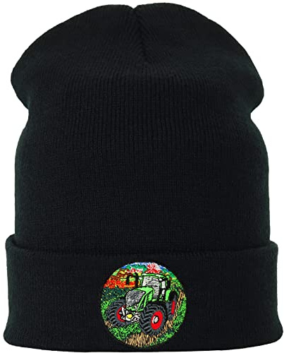Stickad mössa traktor premium bondgård vintermössa traktorer broderi stretchig lång beanie pojke herr unisex ullmössa med brätte jordbruk gård motiv, Tractor Beanie, En Storlek