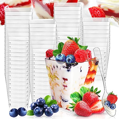 NCKIHRKK 60 Piezas Vasitos Plastico para Postres, 5OZ/160ML Cuencos Aperitivos con Cucharas Plástico, Mini Tazas Vopas Cuencos de Postre Reutilizables de Plástico para Pudín Mousse Helado Cumpleaños