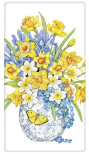 Mary Lake-Thompson BT774 Daffodil Vase Flour Sack Towel 30 Inches Square, Screen Print Design in Lower Center Only